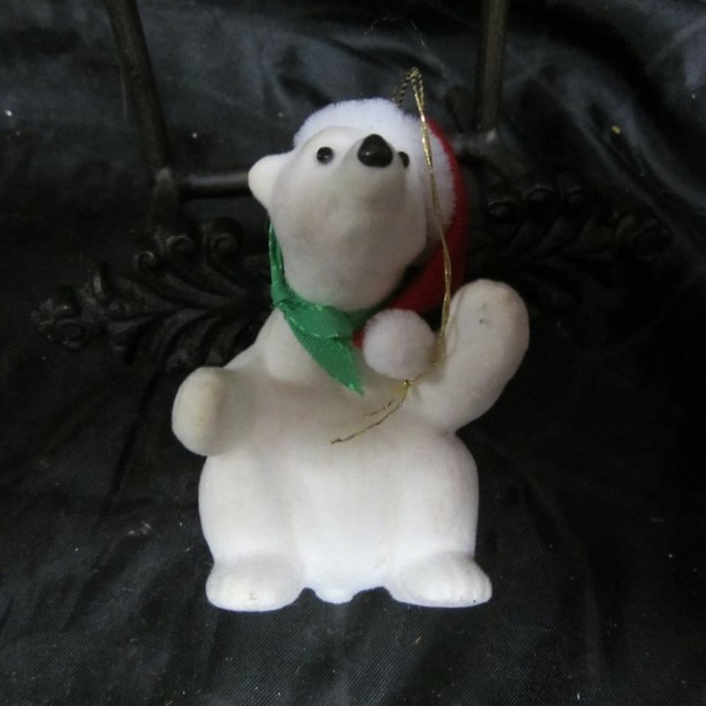 VINTAGE 50'S TO 60'S PLASTIC FLOCKED POLAR BEAR ORNAMENT W/ RED HAT & GREEN BOW